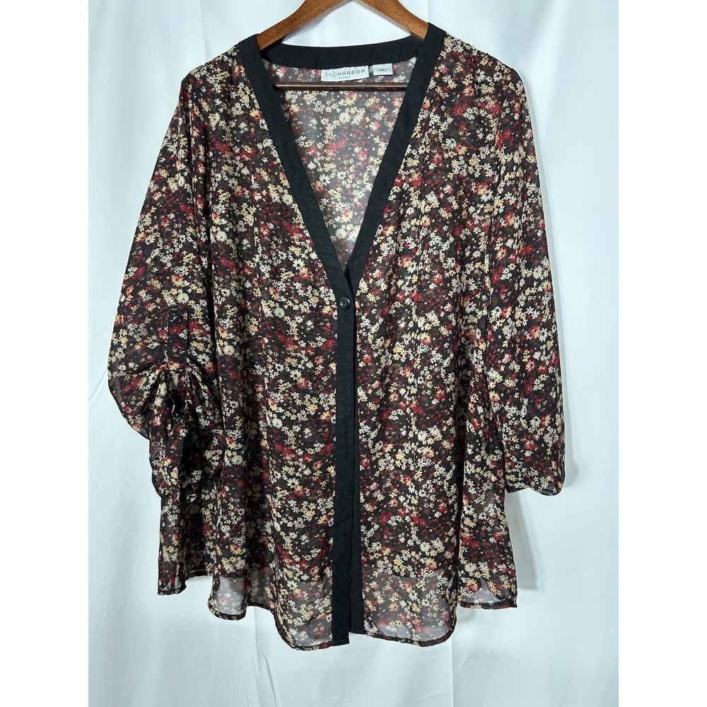 Sag Harbor Womens 2X Sheer Overlay Top Button Open Floral Boho Feminine Mature